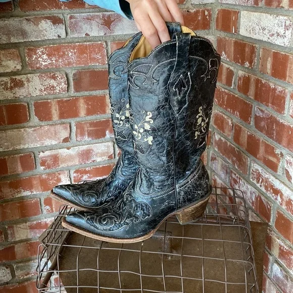 Corral Western Women's Black Vintage Lizard Inlay Boots M. Size 7 - Picture 2 of 16